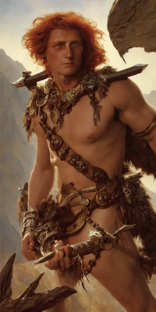 Image similar to a young kirk douglas as a barbarian, beautiful fantasy maiden, dungeons and dragons, masterpiece by edgar maxence and ross tran and michael whelan, gustav dore, 8 k, octane render