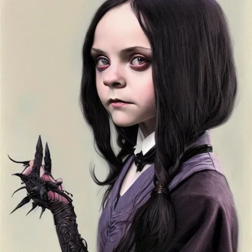 Prompt: Christina Ricci as Wednesday Addams, D&D, fantasy, intricate, cinematic lighting, highly detailed, digital painting, artstation, concept art, smooth, sharp focus, illustration, art by Artgerm and Greg Rutkowski and Alphonse Mucha