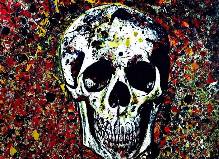 Prompt: a splattered painting by jackson pollock showing a skull, ultradetailed fine art printing,