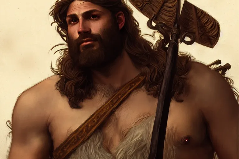 Prompt: renaissance upper body portrait of a gruff ranger with a spear, lean and toned, handsome face, hairy chest, D&D, intricate, elegant, highly detailed, digital painting, artstation, concept art, matte, sharp focus, illustration, art by da Vinci, Artgerm and Greg Rutkowski and Alphonse Mucha