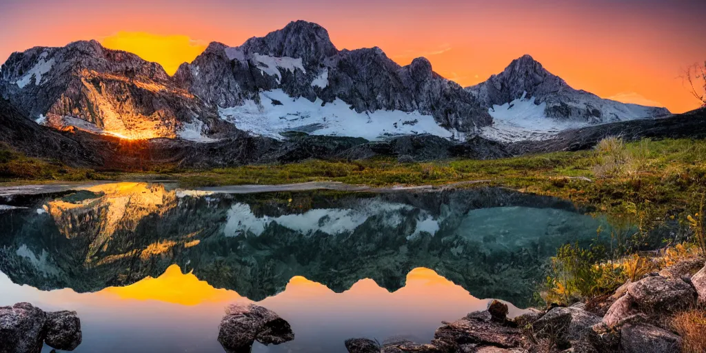 Image similar to A big and beautiful mountain with a clear pond in front of it and an orange sun behind the mountain, neon, vivid