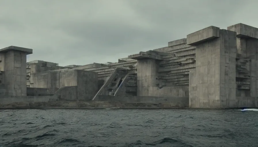 Image similar to big brutalist imperial military base on cliffs, drawing architecture, imperial architecture in rogue one, pritzker architecture prize, brutalism architecture, cinematic shot, by greig fraser, by emmanuel lubezki, robert richardson, hoyte van hoytema, roger deankins, janusz kaminski, alejandro inarritu