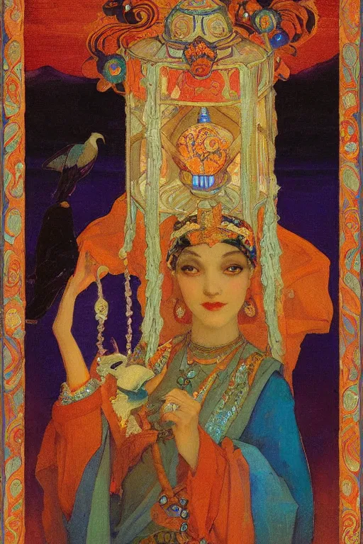 Image similar to queen of the dawn with her lantern and birds, by Nicholas Roerich and Gaston Bussière, elaborate headdress and embroidered velvet, iridescent beetles, rich color, dramatic cinematic lighting, extremely detailed