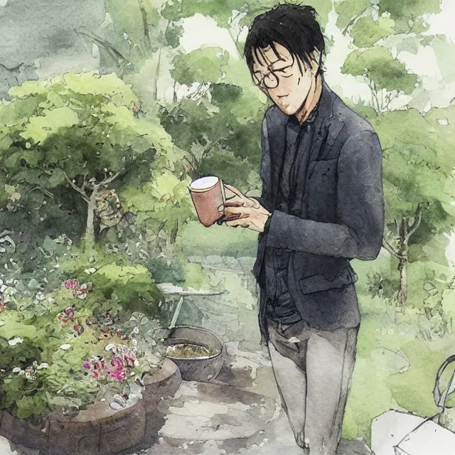 Prompt: ryuichi tanaka drinking coffee in the garden. watercolor by the award - winning concept artist