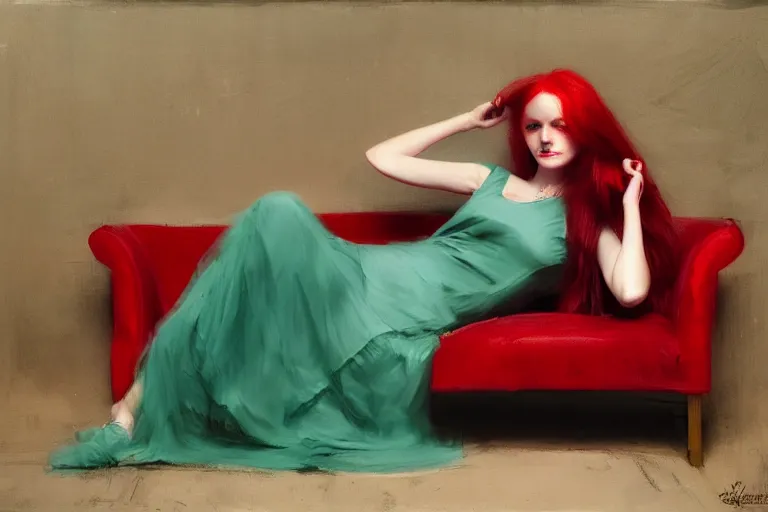 Image similar to girl, long red hair, white dress, on a red sofa, blue green colorscheme, desaturated colors, cinematic, jeremy lipking, casey baugh