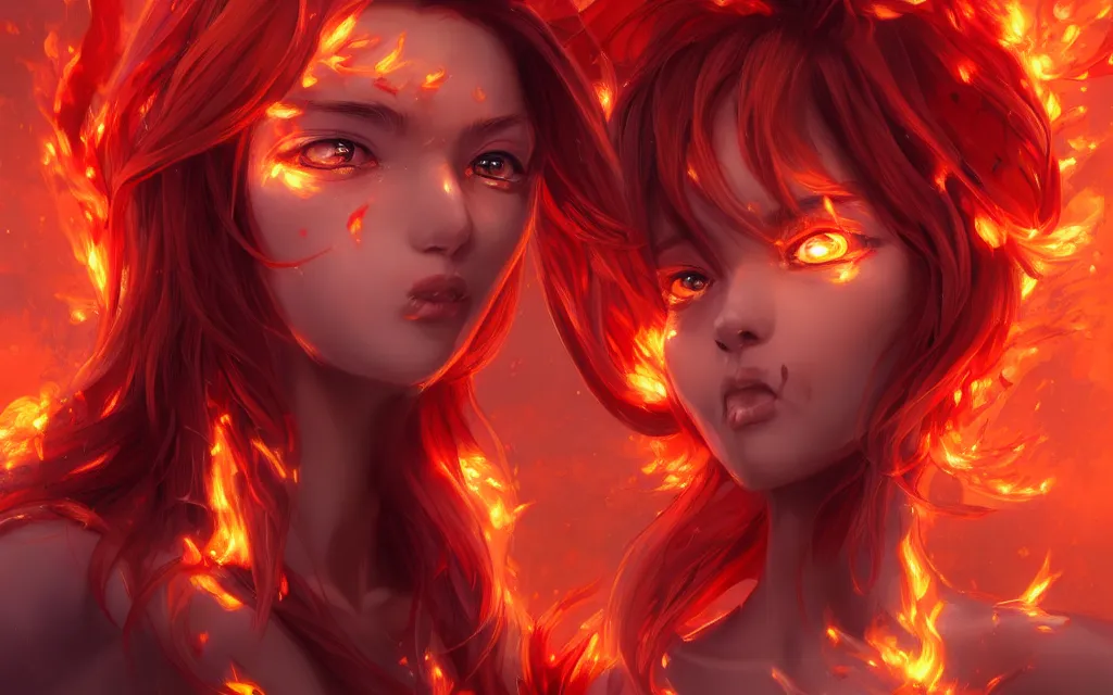 Image similar to A realistic anime portrait of a beautiful fire spirit twins with glowing red eyes and firey skin wearing clothes made of flames, digital painting, by Stanley Artgerm Lau, Sakimichan, WLOP and Rossdraws, digtial painting, trending on ArtStation, SFW version