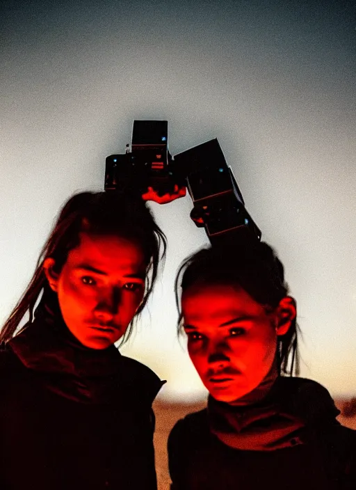 Image similar to cinestill 5 0 d photographic portrait of two loving female androids wearing rugged black techwear on a desolate plain with a red sky, extreme closeup, cyberpunk style, in front of a brutalist dark metal facility, dust storm, 8 k, hd, high resolution, 3 5 mm, f / 3 2, ultra realistic faces, ex machina