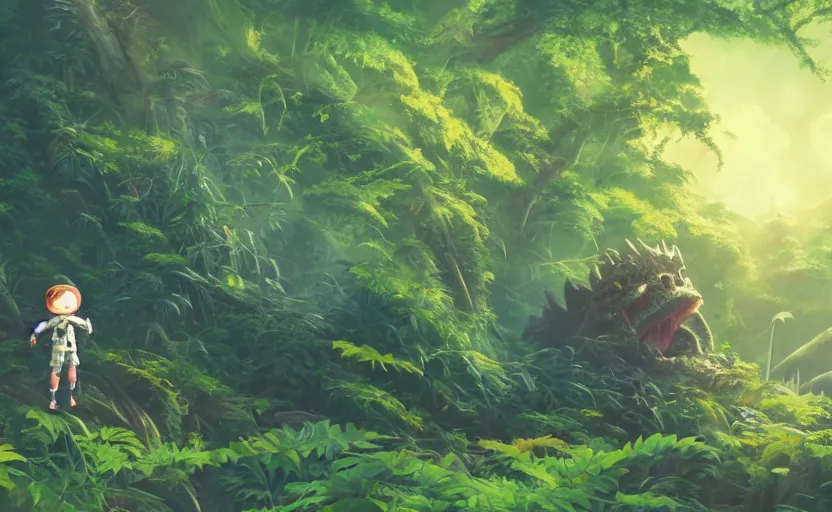 Image similar to a still of a cute adorable tiny astronaut, on a planet of lush foliage, with an enormous kaiju dragon surrounding, magical forest, sharp focus, neon backlit, highly detailed, disney pixar studio ghibli makoto shinkai, digital painting, matte, octane render, global illumination, iridescent, anime, 8 k concept art