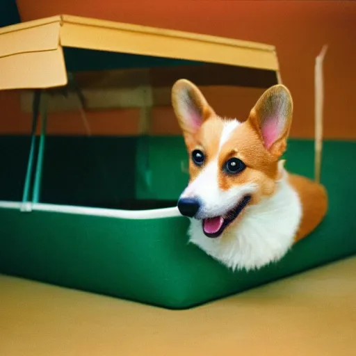 Prompt: photo of corgi in a house made out of sushi, cinestill, 800t, 35mm, full-HD