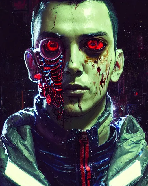 Image similar to detailed portrait zombie, cyberpunk futuristic neon, reflective puffy coat, decorated with traditional Japanese ornaments by Ismail inceoglu dragan bibin hans thoma greg rutkowski Alexandros Pyromallis Nekro Rene Maritte Illustrated, Perfect face, fine details, realistic shaded, fine-face, pretty face