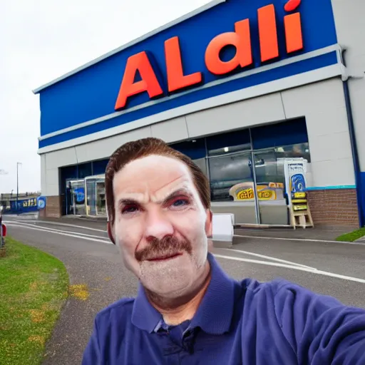 Prompt: a man in front of an aldi supermarket, terrified, in a terrifying pose, photo realistic