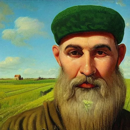 Image similar to soldier of slavic appearance with a white beard, white mustache, white hair in a green cap, green camouflage, in black trousers against a blue sky and wheat fields in the style of andrei riabovitchev, realism, portrait