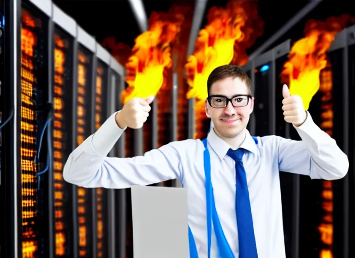 Image similar to A photo of a system administrator doing a thumb up to the camera in front on burning servers, servers in flames, happy system administrator doing a thumb up, uncropped, full body