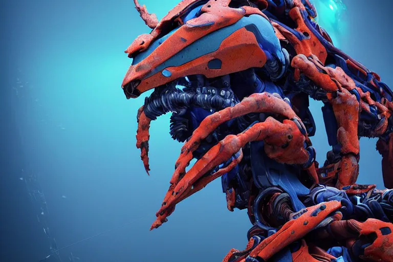 Image similar to portrait of a posed hyper detailed kaki and ultramarine leaplasher evangelion realistic mechanical and fleshy organic creature similar look as horizon forbidden west horizon zero dawn bioluminiscence in a dark deep forest at dawn in spring, with reflection and textures, by kilian eng, substance painter reaslitic mech surface metal painted scratches