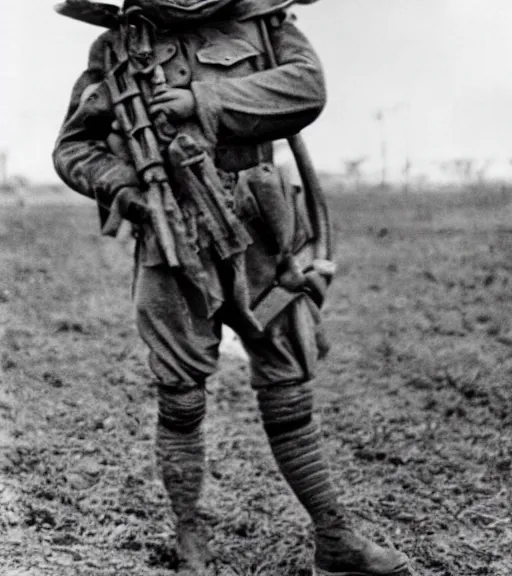 Image similar to a soldier wearing a scarecrow mask in distance, ww1 film photo, grainy, high detail, high resolution