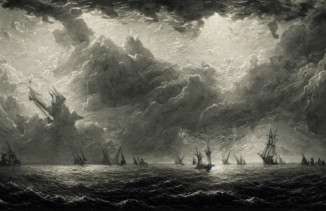 Image similar to ship ever further out to sea gustave dore hd illustration horizontal lines suggest a feeling of rest or repose because objects parallel to the earth are at rest intact flawless ambrotype from 4 k criterion collection remastered cinematography gory horror film, ominous lighting, evil theme wow photo realistic postprocessing jan van der heyden virtuoso painting jan van der heyden