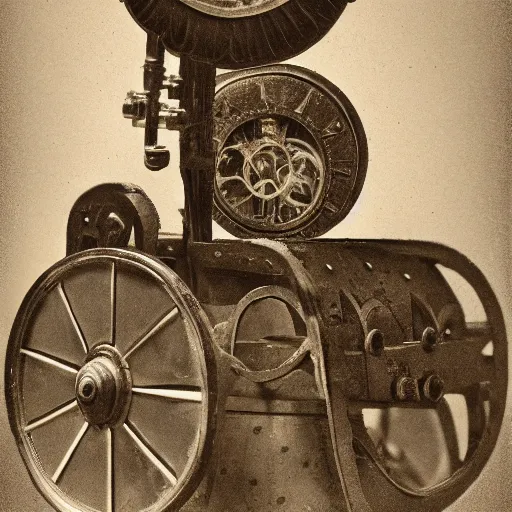 Prompt: an 18th century sepia photographic portrait of a clockwork steam robot
