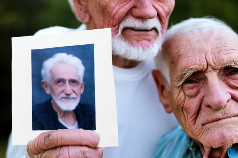 Image similar to young man holding a photograph of him as a old man