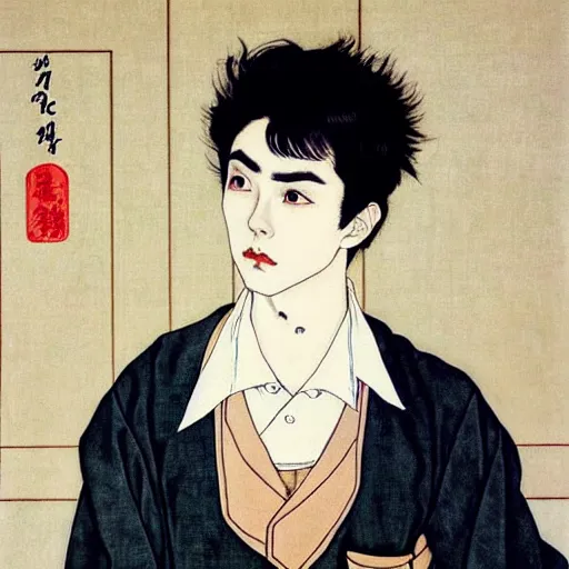 Image similar to painting of grumpy handsome beautiful man in his 2 0 s named min - jun in a french maid outfit, modern clothing, elegant, clear, painting, stylized, delicate facial features, soft, art, art by takato yamamoto and egon schiele combined