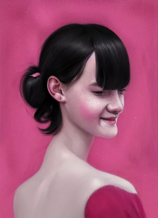 Image similar to portrait of teenage girl, realistic, black hair, bangs, half updo hairstyle, pointy nose, skinny, smile, ugly, defined jawline, big chin, pink hair bow, earrings, intricate, elegant, glowing lights, highly detailed, digital painting, artstation, sharp focus, illustration, art by wlop, mars ravelo and greg rutkowski