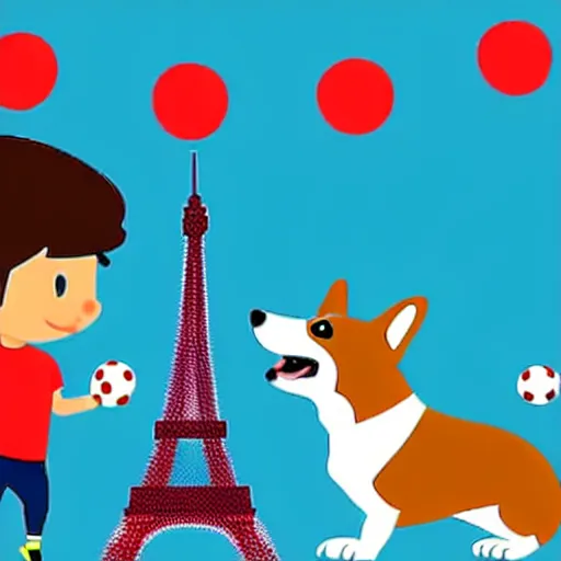 Image similar to illustration of french boy playing football with a corgi wearing a polkadot scarf in front of the eiffel tower