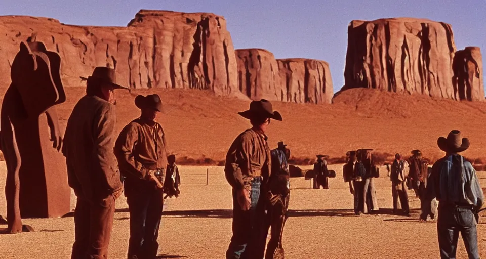 Image similar to film still showing cowboys looking at a gigantic Henry Moore sculpture in the desert directed by Sergio Leone, western, monument valley, cinemascope, technicolor