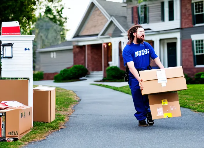 Image similar to dslr photo still of post malone as a postal worker mailman putting letters in mailbox and delivering packages to door, 8 k, 8 5 mm f 1 6