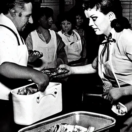 Prompt: Leatherface as a cafeteria attendant dishing out lunch to school kids in thr cafeteria at lunch time