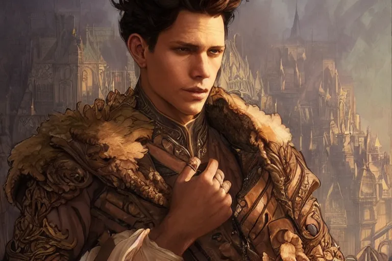 Prompt: handsome boy with brown hair, Wentworth Earl Miller III,D&D, fantasy, intricate, elegant, highly detailed, digital painting, artstation, concept art, matte, sharp focus, illustration, art by Artgerm and Greg Rutkowski and Alphonse Mucha