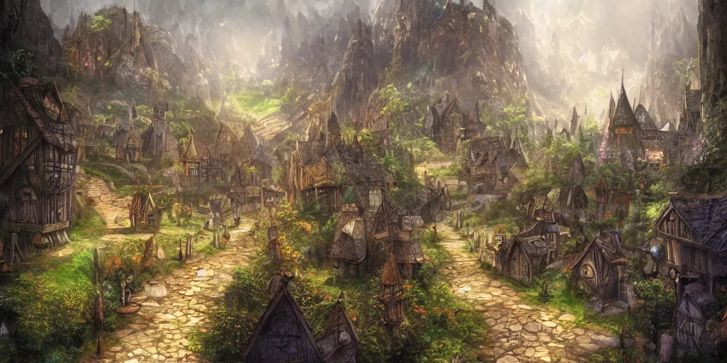 Image similar to high fantasy magical elven town village, gilroy gardens, j. r. r tolkien, lord of the rings, rpg, dungeons and dragons, elden ring, adventure, environment, smooth, sharp focus, deviantart, artstation