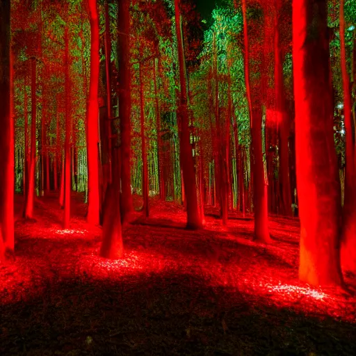 Image similar to dark forest night lights dim red volumetric rendering rave