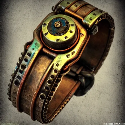 Prompt: A steampunk wristband that launches out a grapple using steam canisters, epic fantasy art style HD