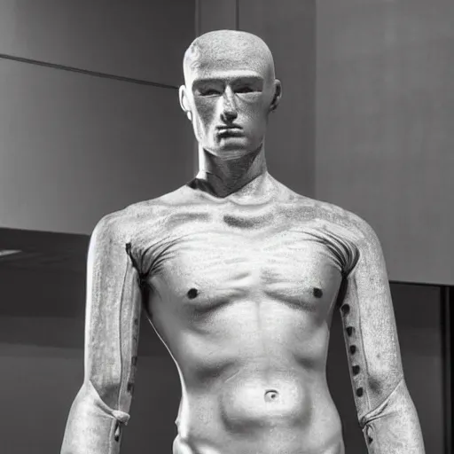 Prompt: “a realistic detailed photo of a guy who is an attractive humanoid who is half robot and half humanoid, who is a male android, Oklahoma Stare University college wrestler Daton Fix, shiny skin, posing like a statue, blank stare, at the museum, on display”