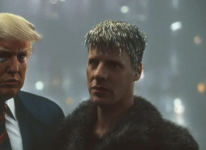 Image similar to film still donald trump investigates in blade runner, 8 k