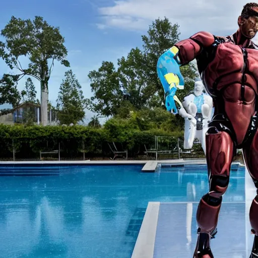 Image similar to a realistic detailed photo of a guy who is an attractive humanoid who is half robot and half humanoid, who is a male android, wrestler zack ryder, shiny skin, posing like a statue, blank stare, by the pool, on display, showing off his muscles, humanoid robot, frozen ice statue