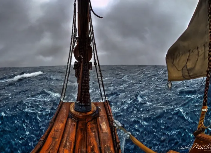 Prompt: Heavy seas on a pirate ship, first person