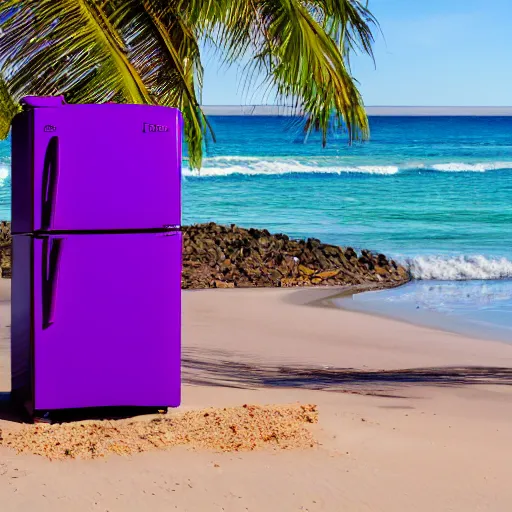 Image similar to purple refrigerator on a beach, 4k photo
