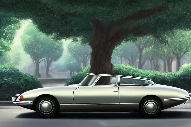 Prompt: a wholesome animation key shot of!! one!! focused! 1 9 7 4 citroen ds! in a tree lined paris street, medium shot, studio ghibli, ( pixar ) and disney animation, sharp, very detailed, high resolution, rendered in unreal engine 5, anime key art by greg rutkowski, bloom, dramatic lighting