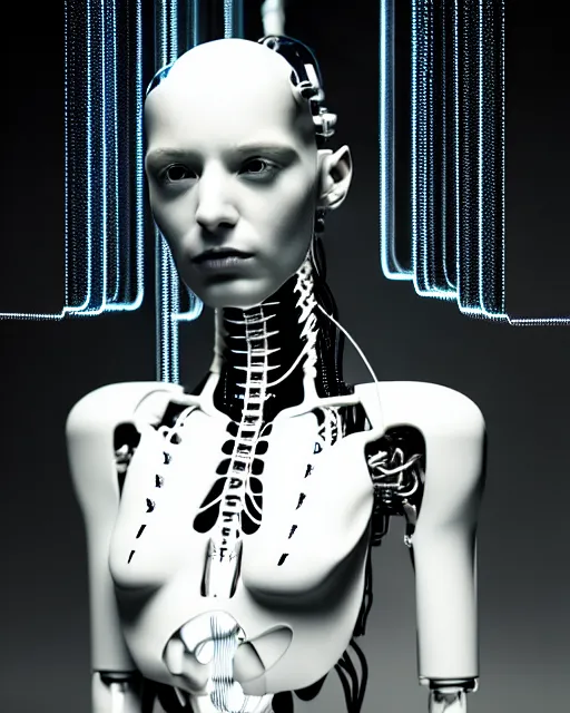 Image similar to black and white cyborg-plant goddess high quality photo, microchip, artificial intelligence, bio-mechanical bio-luminescence, black wired cables, neurons, nerve cells, octane render, cinematic, rim light, hyper realism, photo-realistic, high detail, 8k, masterpiece, high fashion, in the style of Steven Meisel and Dora Maar and H.G. Giger