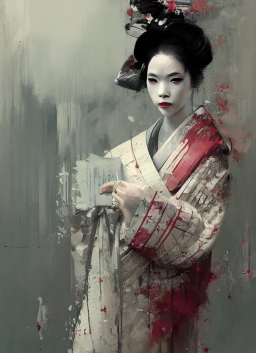 Image similar to female geisha girl, beautiful face, rule of thirds, intricate outfit, by greg rutkowski, by jeremy mann, digital painting