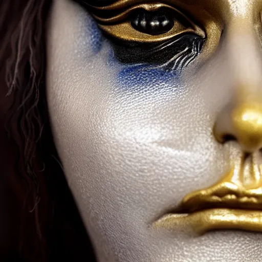 Image similar to photo taken of an epic intricate, ultra detailed, super realistic life sized bust of a majestic gracious regal aristocratic brunette female vampire created by weta workshop, menacing, some zoomed in shots, photorealistic, sharp focus, white wall, extremely cold blueish colour temperature, 3 5 mm, f 1. 4, golden ratio