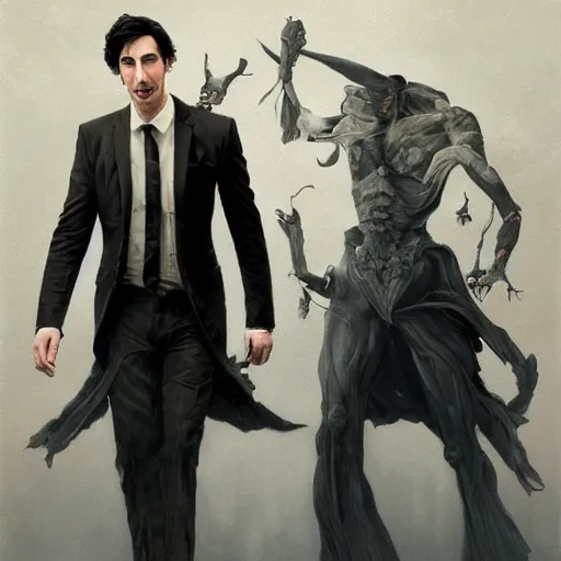 Image similar to painting of both john oliver and adam driver together, john oliver in front, full body, elegant, beautiful, highly detailed, centered, dark, smokey, digital painting, concept art, smooth, sharp focus, illustration, deviant art, art by greg rutkowski, karol bak and peter mohrbacher