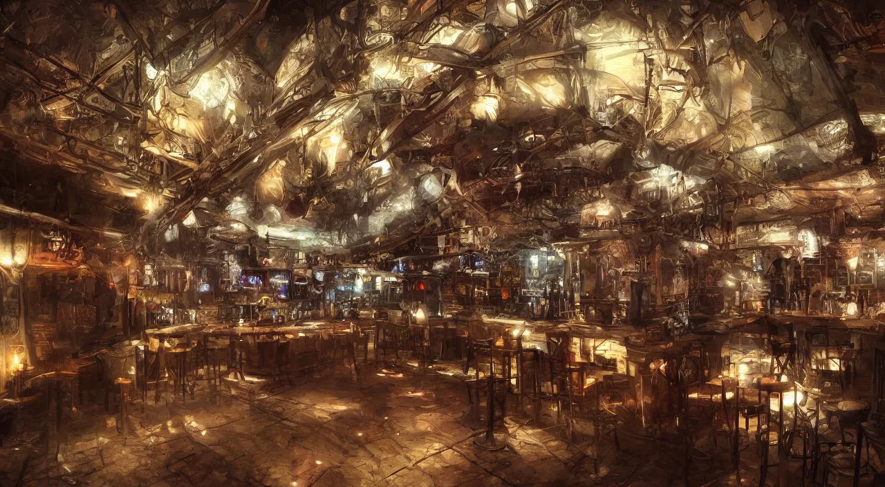 Prompt: underground bar, atmospheric lighting, high quality, sharp focus, intricate, artstation, 4k