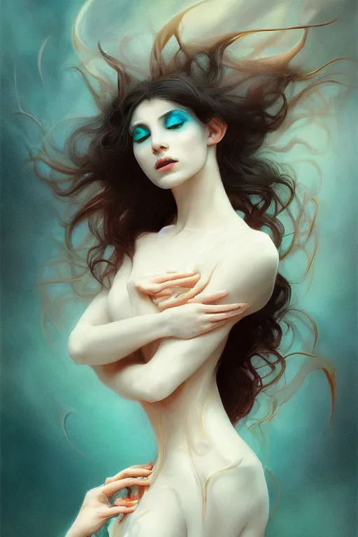 Prompt: portrait of a vampire , dark fantasy, gradient white cyan, dreamy and ethereal, orange eyes, ghost, golden ratio, peaceful expression, ornate frilly dress, fantasy, intricate, elegant, rainbow spikes, highly detailed, digital painting, artstation, concept art, smooth,b sharp focus, illustration, art by artgerm and greg rutkowski and alphonse mucha