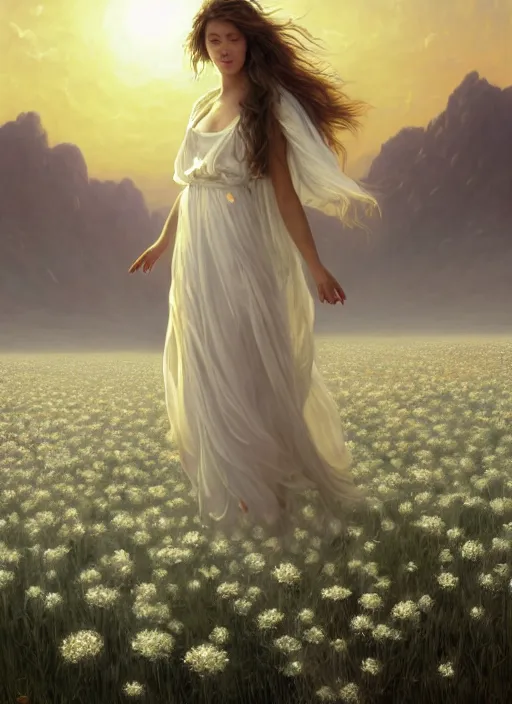 Prompt: oil painting portrait of a young woman with long dark flowing hair in a dress made of white flowers, dancing levitating floating over a field of flowers at sunset with mountains in the background, hazy, digital art, chiaroscuro, artstation, cinematic, golden hour, digital art painting by greg rutkowski, bouguereau, japanese scifi, hazy atmosphere, flowers, cinematic lighting