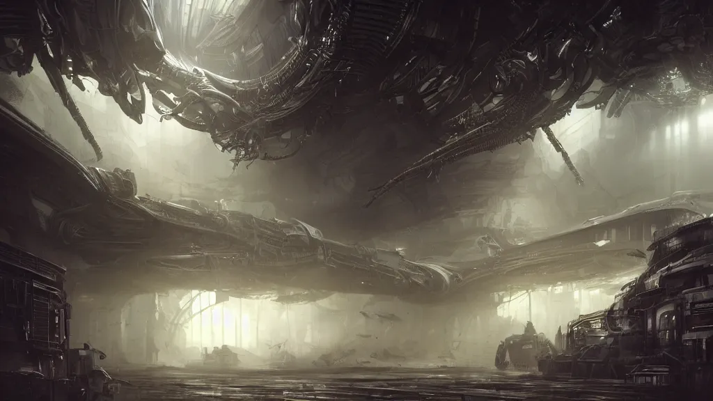 Image similar to a Photorealistic dramatic hyperrealistic,hyper detailed render by Greg Rutkowski,Craig Mullins,Nicolas Bouvier SPARTH, ILM of an Epic Sci-Fi, Gigantic Alien xenomorph spaceship inside huge interior hangar,intricate bio mechanical surface details,many tubes and cables hanging from the ceiling,Beautiful dynamic dramatic dark moody lighting,contrast and shadows,Volumetric,Cinematic Atmosphere,Octane Render,Artstation,8k