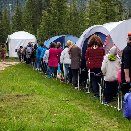 Prompt: people waiting in line before a toilet on a camping