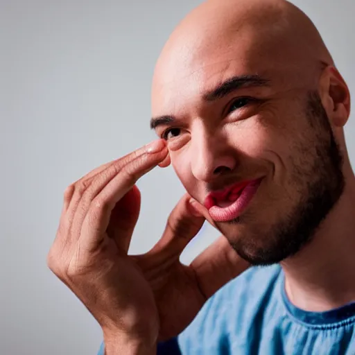 Image similar to a man with a bald head is holding his hand up to his mouth