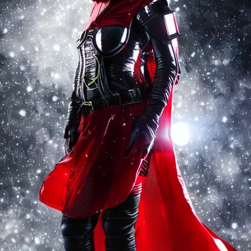 Image similar to a young female space cadet wearing blood-spattered glossy sleek white dinged scuffed armor and a long torn red cape, jungle at night, heroic posture, determined expression, elegant, battle weary, no helmet, rain, dramatic lighting, cinematic, sci-fi, hyperrealistic, detailed