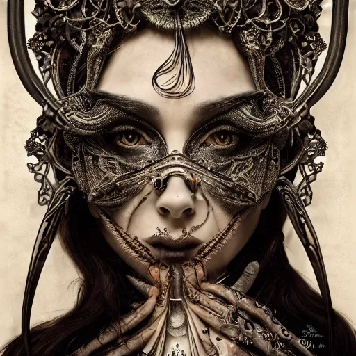 Prompt: a portrait of female model by stefan geselle and nekro borja, illustration, biomechanical, intricate details, hyper realistic, ornate headpiece, dark beauty, photorealistic, by alphonse mucha, canon r 3, photography, wide shot, photography, dark beauty, symmetrical features